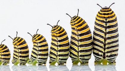 monarch caterpillar in various stages isolated on white