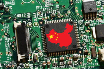Map and Flag of the Republic of China on microchips of a printed electronic card. Concept for supremacy in global microchip and semiconductor manufacturing.