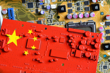 Flag of the Republic of China on a red painted printed circuit board. Concept for supremacy in...