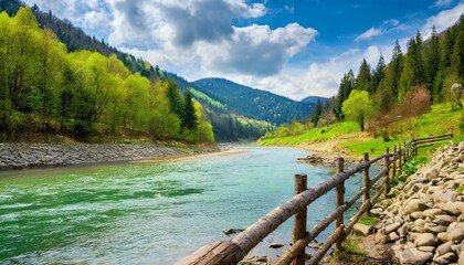 river in mountains wonderful springtime scenery of carpathian countryside blue green water among forest and rocky shore wooden fence on the river bank sunny day with clouds on the sky
