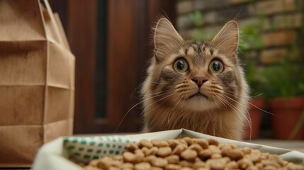 A cat with bulging eyes looks at a large bag of cat food