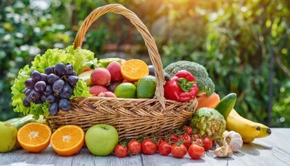 basket of fresh fruits and vegetables healthy organic vegetarian food on table