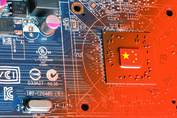Flag of the Republic of China on the Core of a Processor of a printed electronic circuit board. Concept for supremacy in global microchip and semiconductor manufacturing.