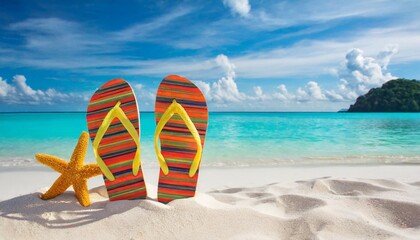 flip flops on the white sand beach with blue sea background