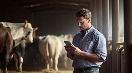 A focused farmer in a white shirt uses a smartphone with a herd of cows in the background inside a barn