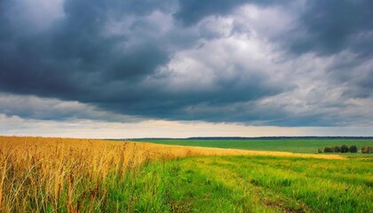 Fototapeta na wymiar summer landscape photography of a field with green yellow grass in gloomy weather