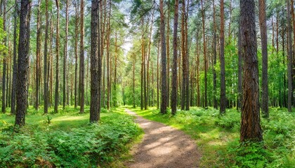 Fototapeta na wymiar pine forest panorama in summer pathway in the park