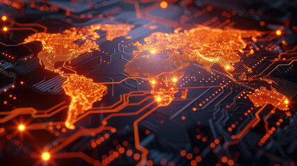 A glowing, orange digital world map overlays a dark, intricate circuit board, symbolizing global connectivity and technology.
