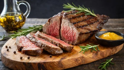 Gordijnen grilled sliced beef steak on a wooden board © Richard