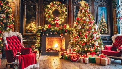 Fototapeta na wymiar christmas tree with toys and gifts on the background of a fireplace with fire santa claus christmas magic room