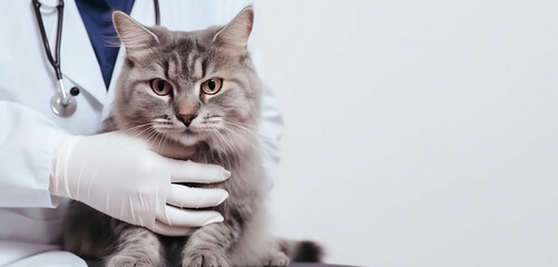 Gray tabby cat in the hands of a veterinarian for examination. White background. Close-up. Copy space.