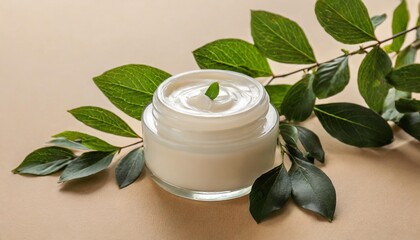 jar of cream with plant branches on beige background