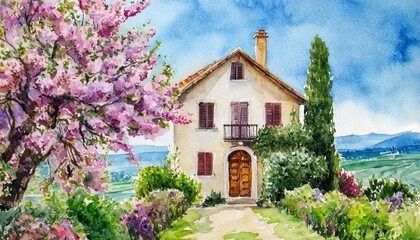 watercolor house cute summer house old building and blooming garden vintage house and blossom tree provence france or tuscany italy illustration in watercolor style