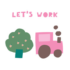 Farm scene composition. Cute hand drawn doodle fruit tree, tractor. Card, postcard, t shirt print, cover, poster with funny transport for kid, children