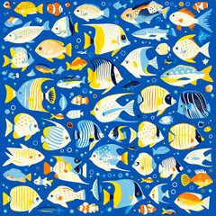 Underwater blue yellow corals as background on a seamless tile, ai generated