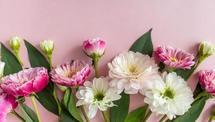 banner with flowers on light pink background greeting card template for wedding mothers or womans day springtime composition with copy space flat lay style