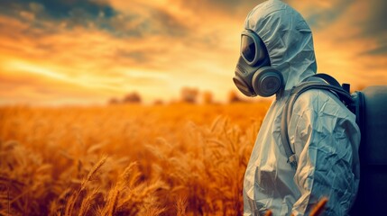 Person in a hazmat suit and gas mask standing in a wheat filed. Concept of toxic pesticide usage. - obrazy, fototapety, plakaty