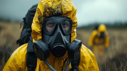Naklejka premium Person in a hazmat suit and gas mask standing in a wheat filed. Concept of toxic pesticide usage.