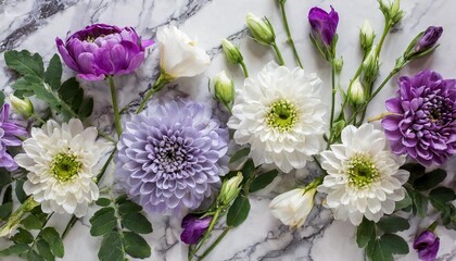 flowers composition white and purple flowers on marble background flat lay top view