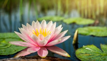 a beautiful pink waterlily or lotus flower in pond