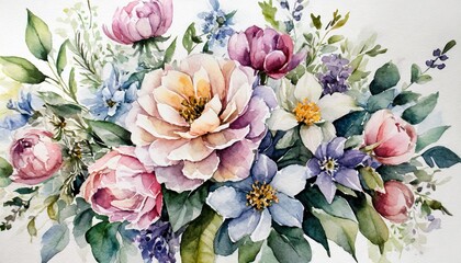 bouquet of beautiful flowers in pastel colors on a white background watercolor illustration
