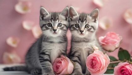 two kittens couple cats poses with pink rose floral on a pink background