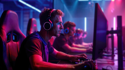 Intense gamer wearing headphones competes in an illuminated esports tournament environment. - obrazy, fototapety, plakaty
