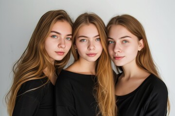 Portrait of 3 young russian women standing together and smiling at the camera isolated on white background