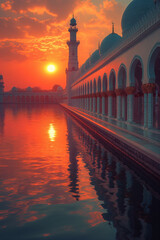 Naklejka premium Ramadan background, Eid mubarak. Beautiful mosque at sunset, prayers in masjid. Celebrating Muslims holiday. Ramadan Kareem