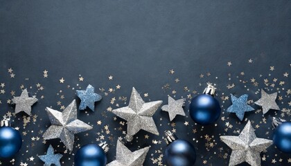 dark blue christmas holiday banner background template with blue and silver stars