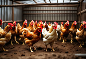 Chickens in the barn - obrazy, fototapety, plakaty