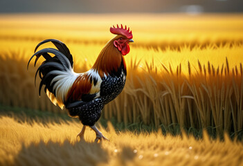 A rooster walking in a field of yellow rice - obrazy, fototapety, plakaty