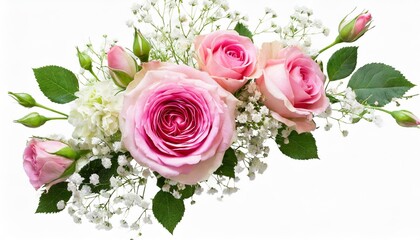 pink rose eustoma and gypsophila flowers in a corner floral arrangement isolated on white or transparent background