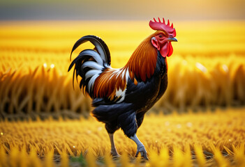 A rooster walking in a field of yellow rice - obrazy, fototapety, plakaty