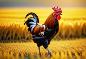 Poster A rooster walking in a field of yellow rice © Anoottotle
