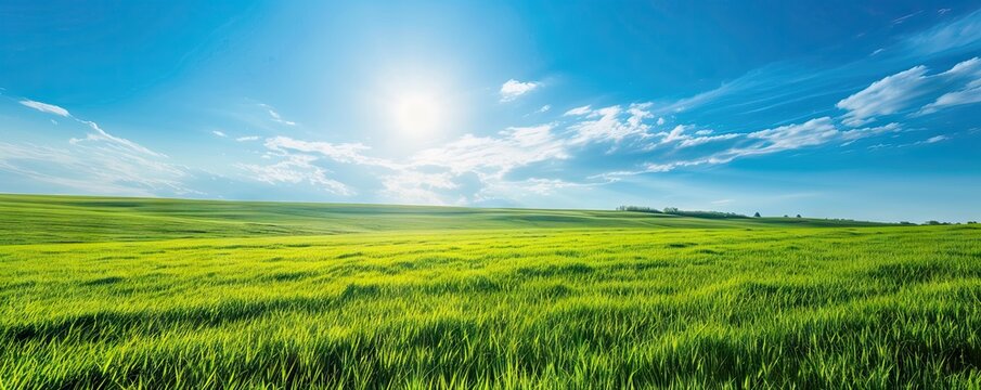 green grass and blue sky in wide banner. Beautiful meadow and sunlight