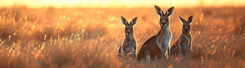 Generative AI image of kangaroo group at the steppe with sunset