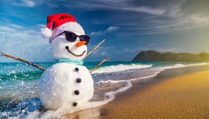 sandy snowman in christmas santa hat and sunglasses at tropical beach against waves splashes