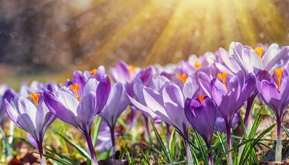 banner 3 1 panorama of blooming purple crocus flowers on meadow under sun beams in spring time beautiful spring background selective focus