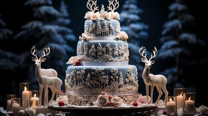 A high-resolution photo showcasing a Christmas cake as a work of art, inspired by a serene winter forest, with edible pine trees, enchanting deer figurines, and a delicate layer of edible snow 