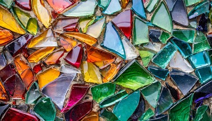 close up of multicolored broken glass pieces creating a vibrant texture with sharp edges and reflective surfaces