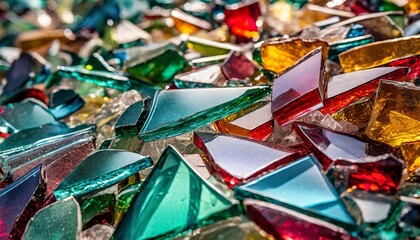 close up of multicolored broken glass pieces creating a vibrant texture with sharp edges and reflective surfaces