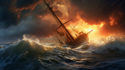 Generative AI image of ship in a storm at sea in the sunset