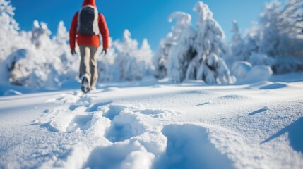Naklejka na ściany i meble A man walks uphill on fresh snow