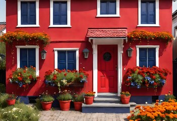 Red house with red flowers 