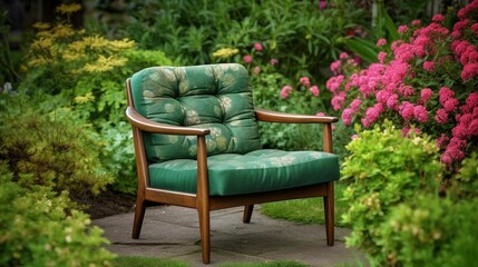 AI generated illustration of a green chair set amidst a vibrant garden filled with various flowers