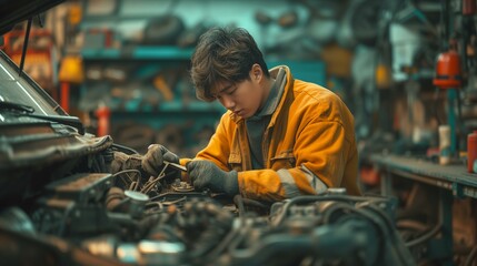 Professional Mechanic Repairing Car Engine in Workshop