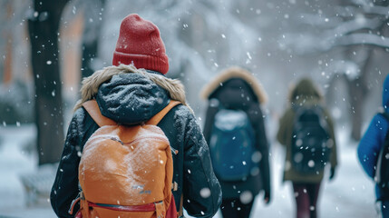 Back view of teenagers with backpack walking to school in winter
