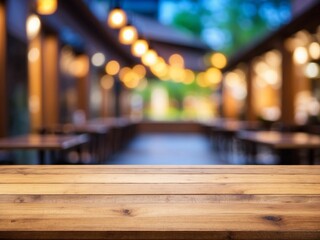 Empty wooden table and Coffee shop blur background with bokeh image