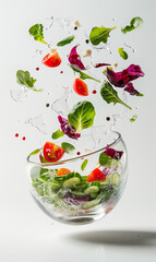 salad flying from a glass bowl floating in the air on white background. healthy food concept.